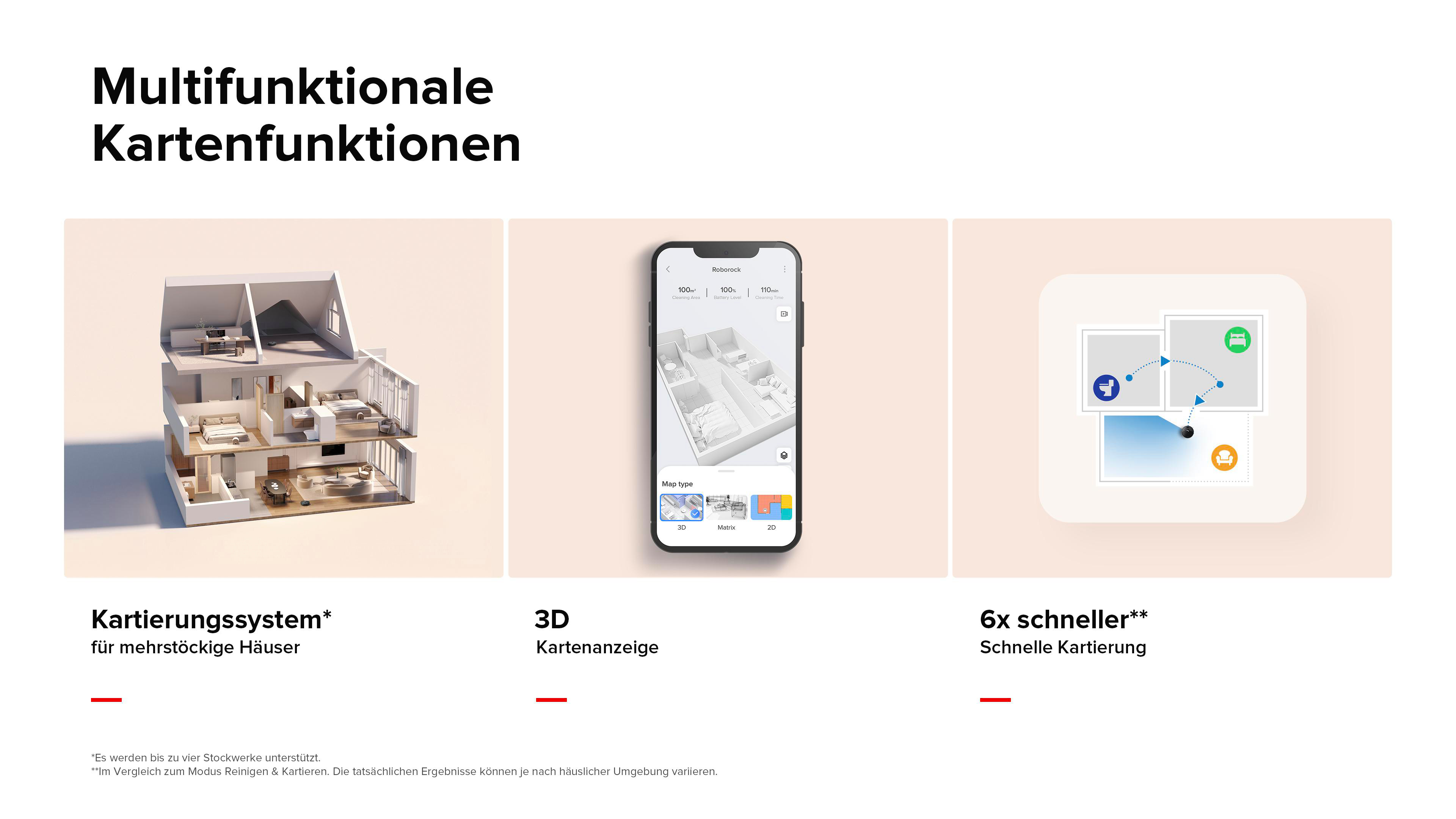 Drei Tafeln mit verschiedenen Funktionen. Hausplan, Telefon mit 3D-Ansicht und schneller Kartenwiedergabe.