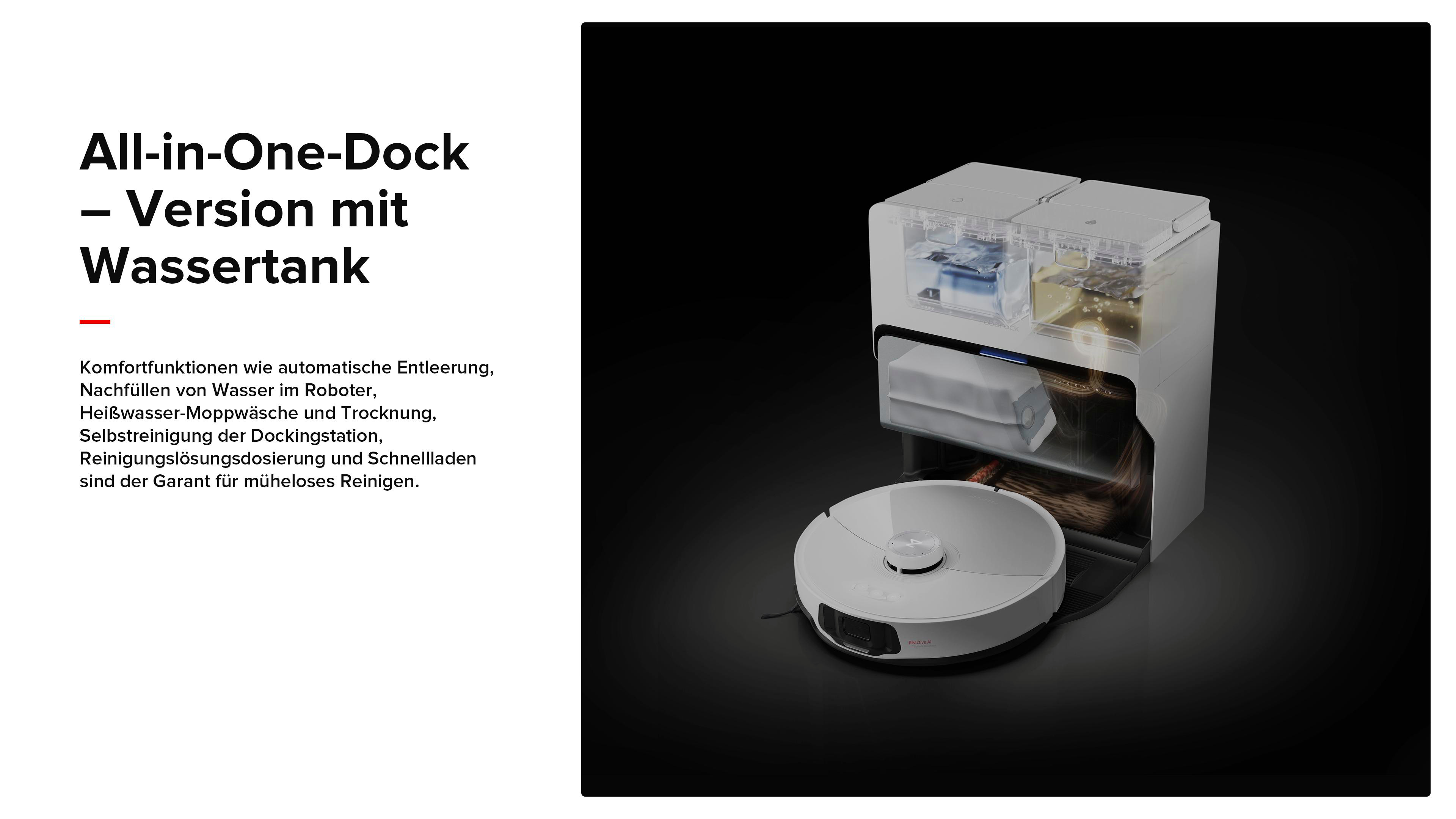 Ein Saugroboter mit Dockingstation mit Wassertank und Staubbehälter.