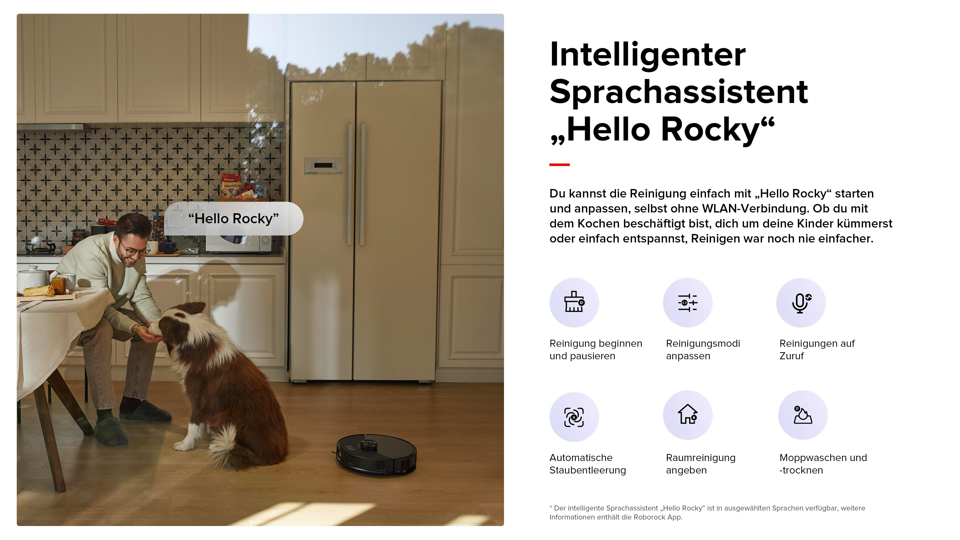 Person in der Küche mit Hund, Roboterstaubsauger und Text über Smart-Home-Funktionen.