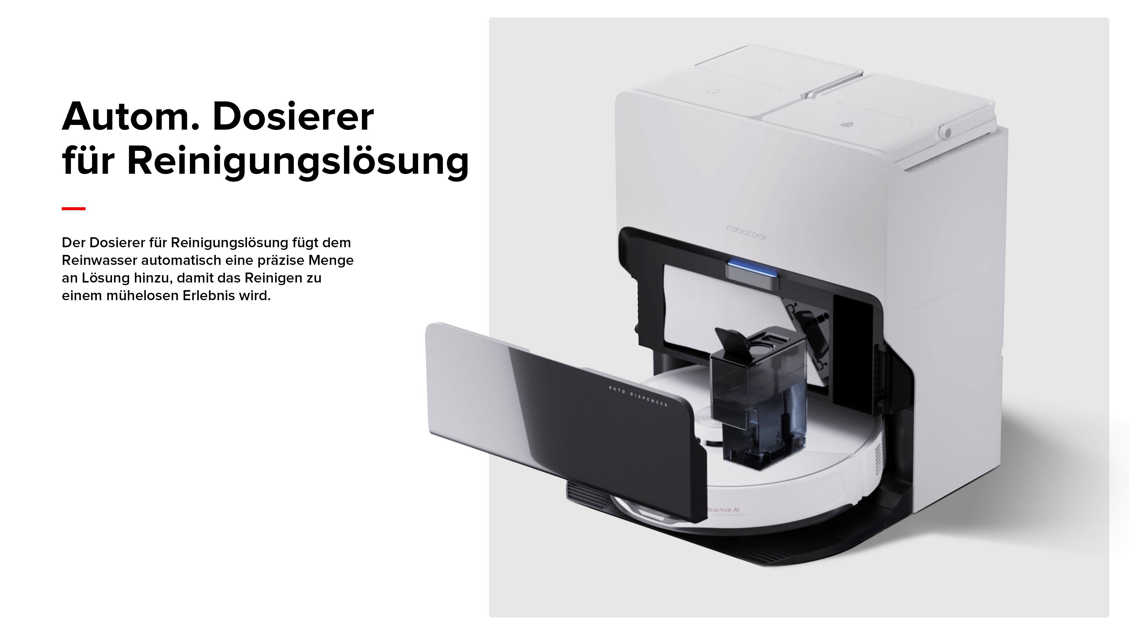 Ein weißer Saugroboter mit automatischer Reinigungsflüssigkeitszufuhr.