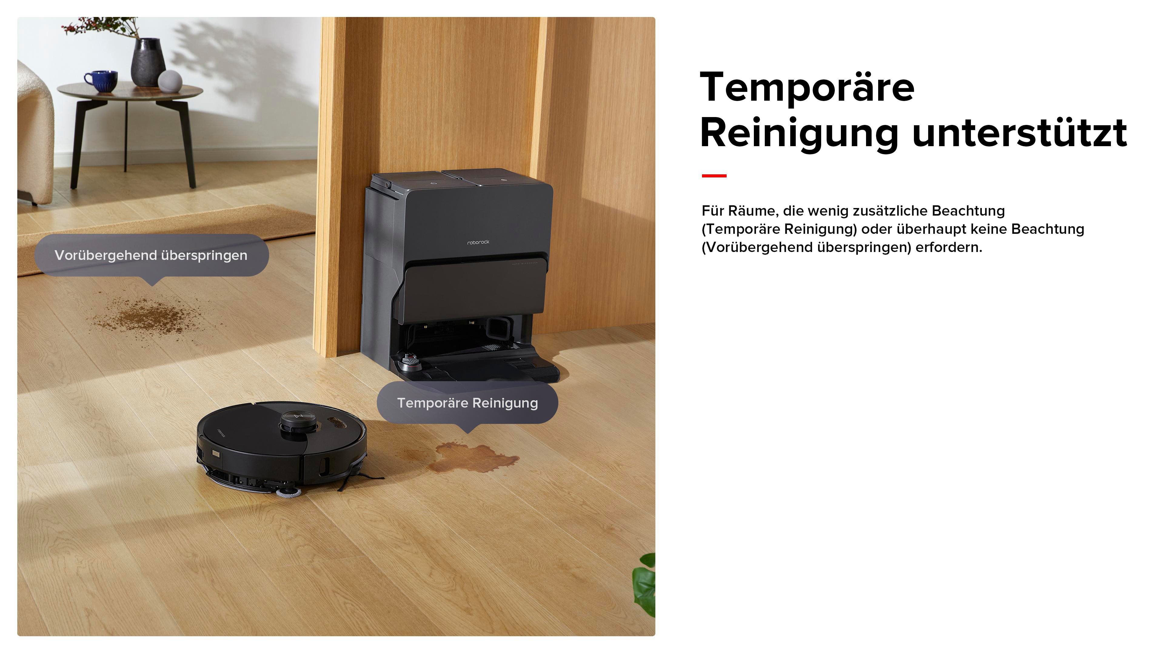 Roboter-Staubsauger auf Holzboden. Text über die temporäre Reinigung.
