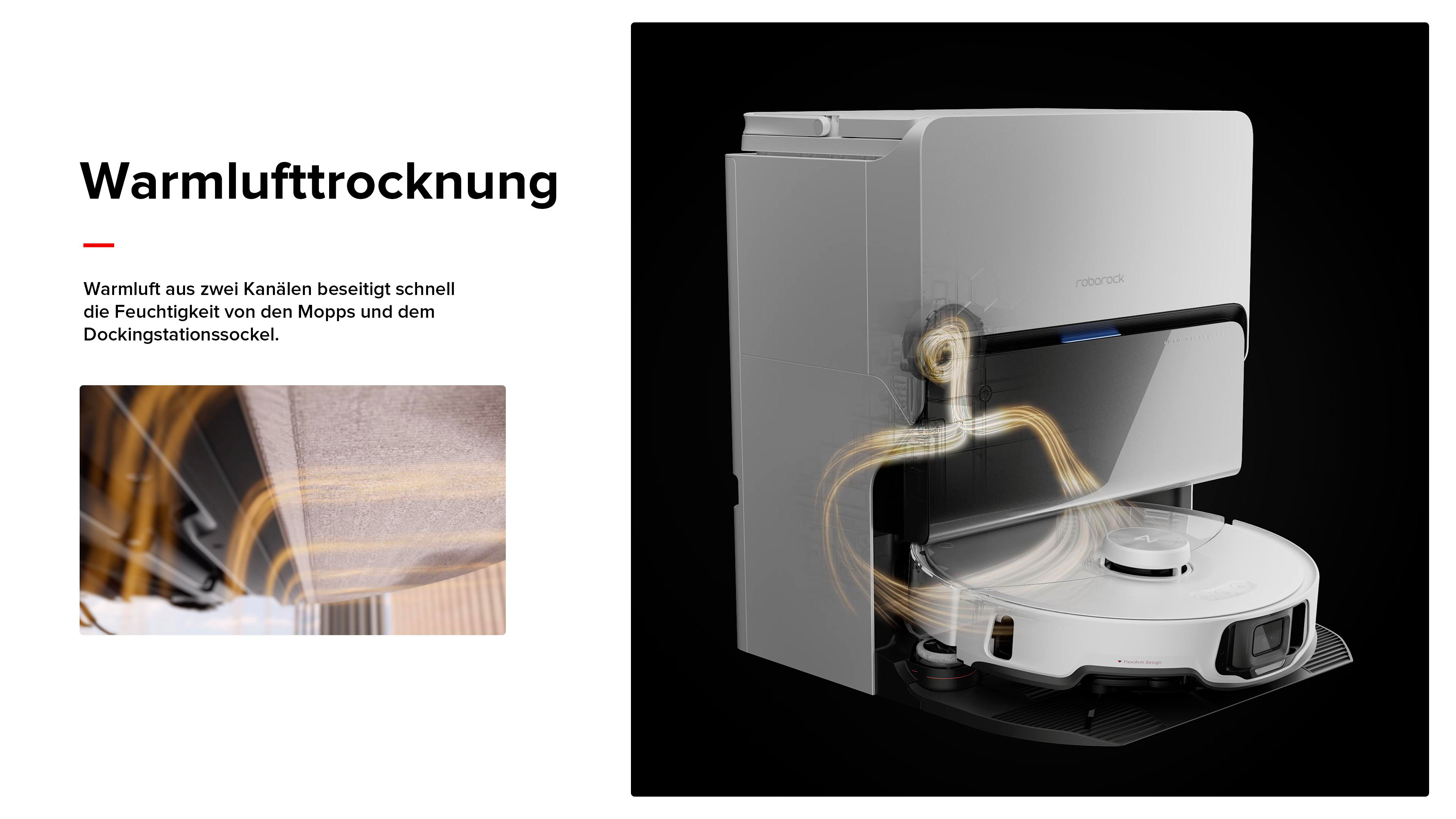 Roboter-Staubsauger mit Dockingstation, die warme Luft zur Trocknung nutzt.