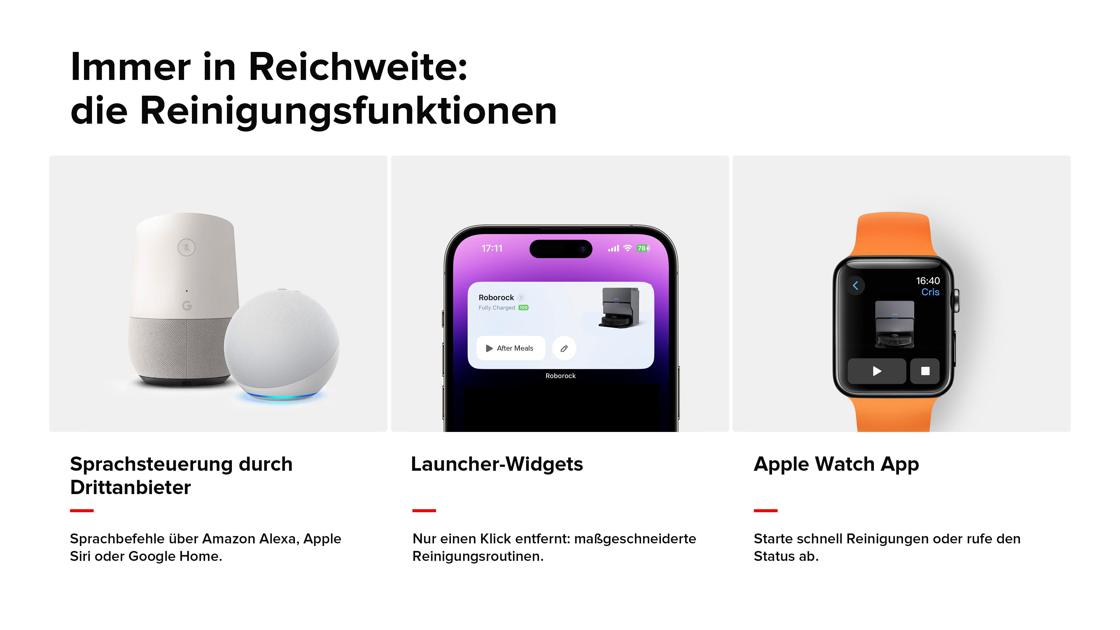 Das Bild zeigt ein Smart-Home-Setup mit drei Geräten: einem Lautsprecher, einem Telefon und einer Smartwatch.