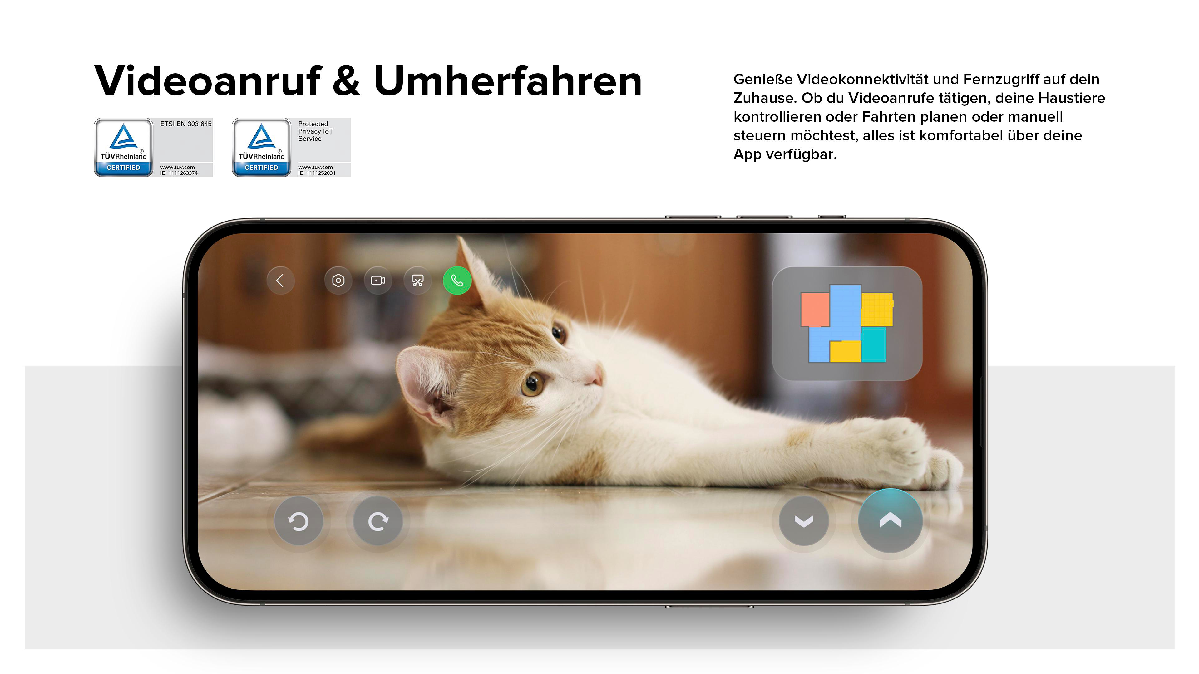 Ein Telefon zeigt einen Videoanruf mit einer Katze, mit Navigationssteuerung.
