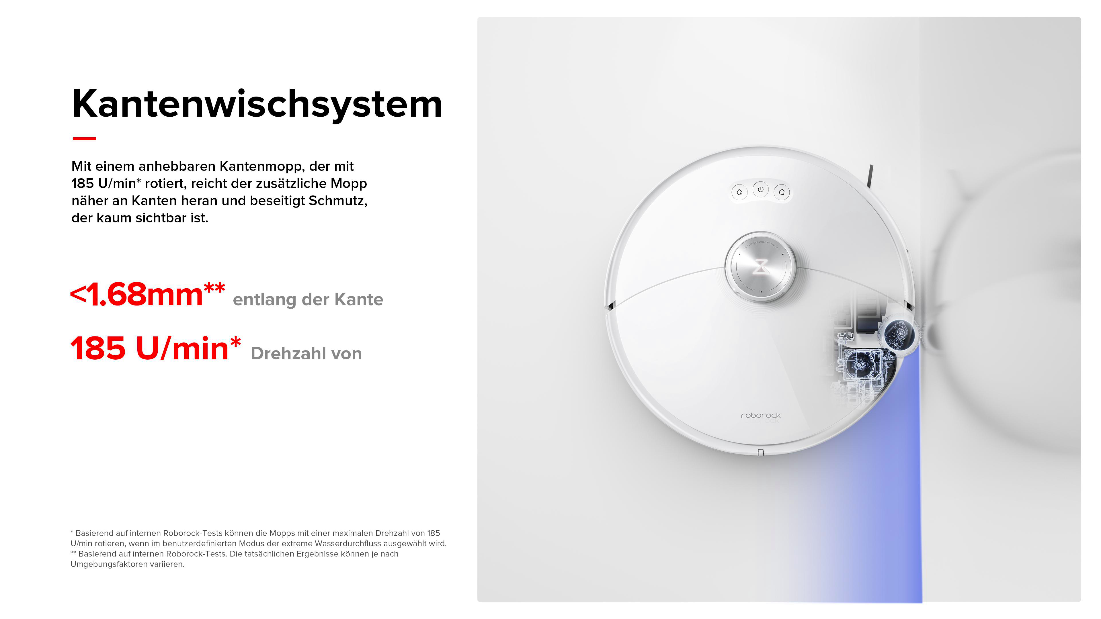 Weißer Saugroboter mit Kantenwischsystem, 185 U/min, <lt/>1.68mm Kantenabstand.