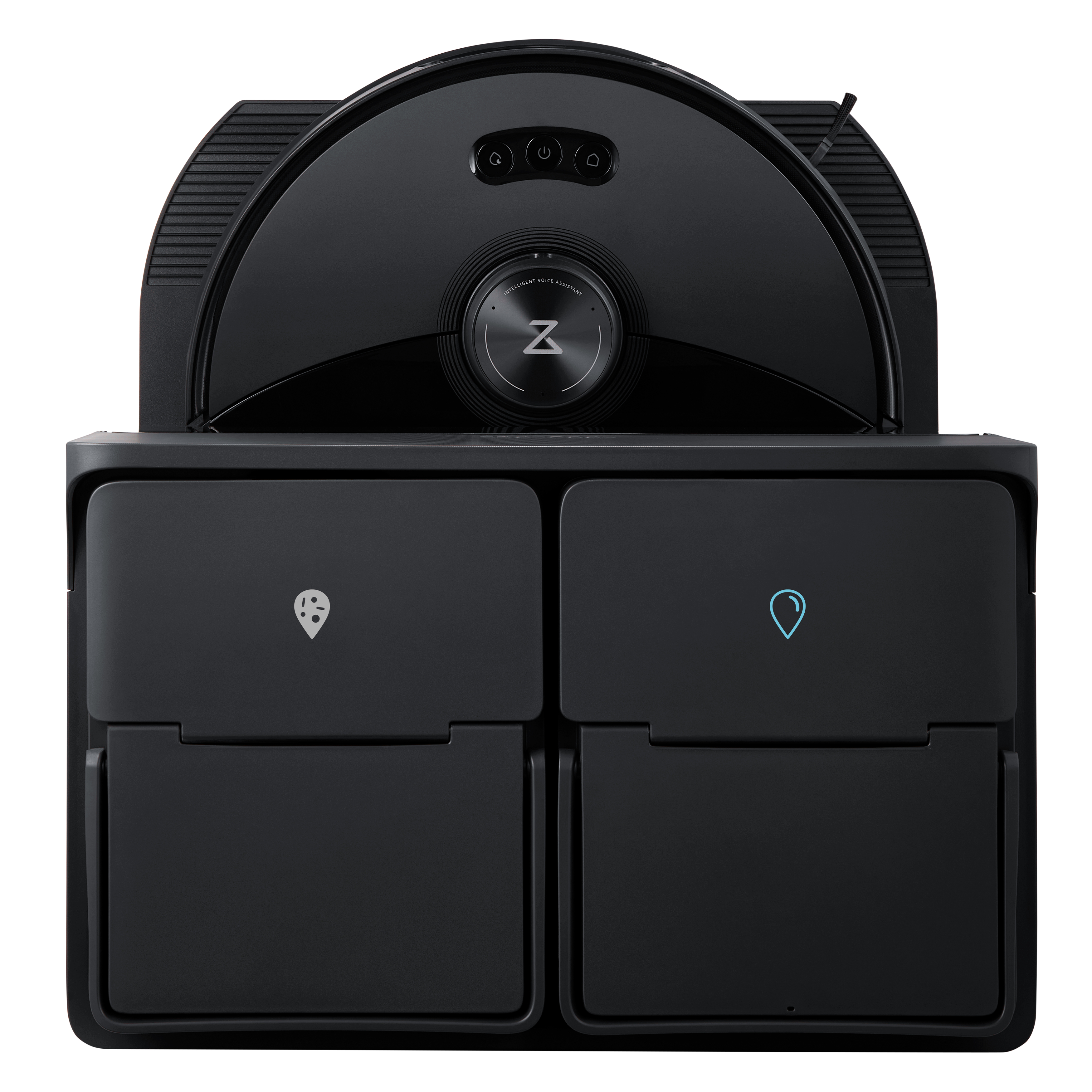 Schwarzer Roboter-Staubsauger mit einer Dockingstation. Hat zwei Staubbehälter und ein zentrales Ladepad.