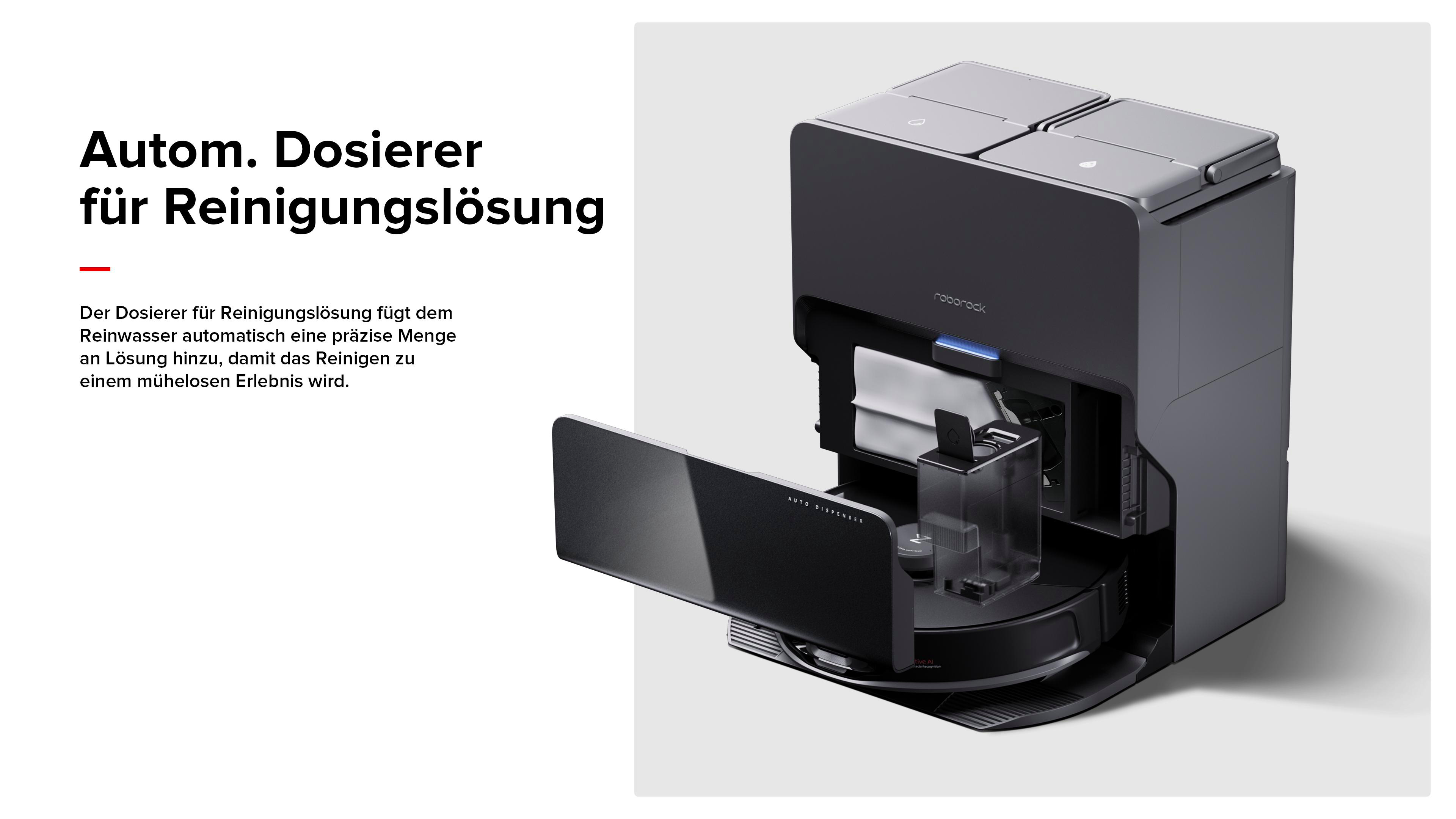 Roboter-Staubsauger mit offenem Fach und Text über Reinigungslösung.