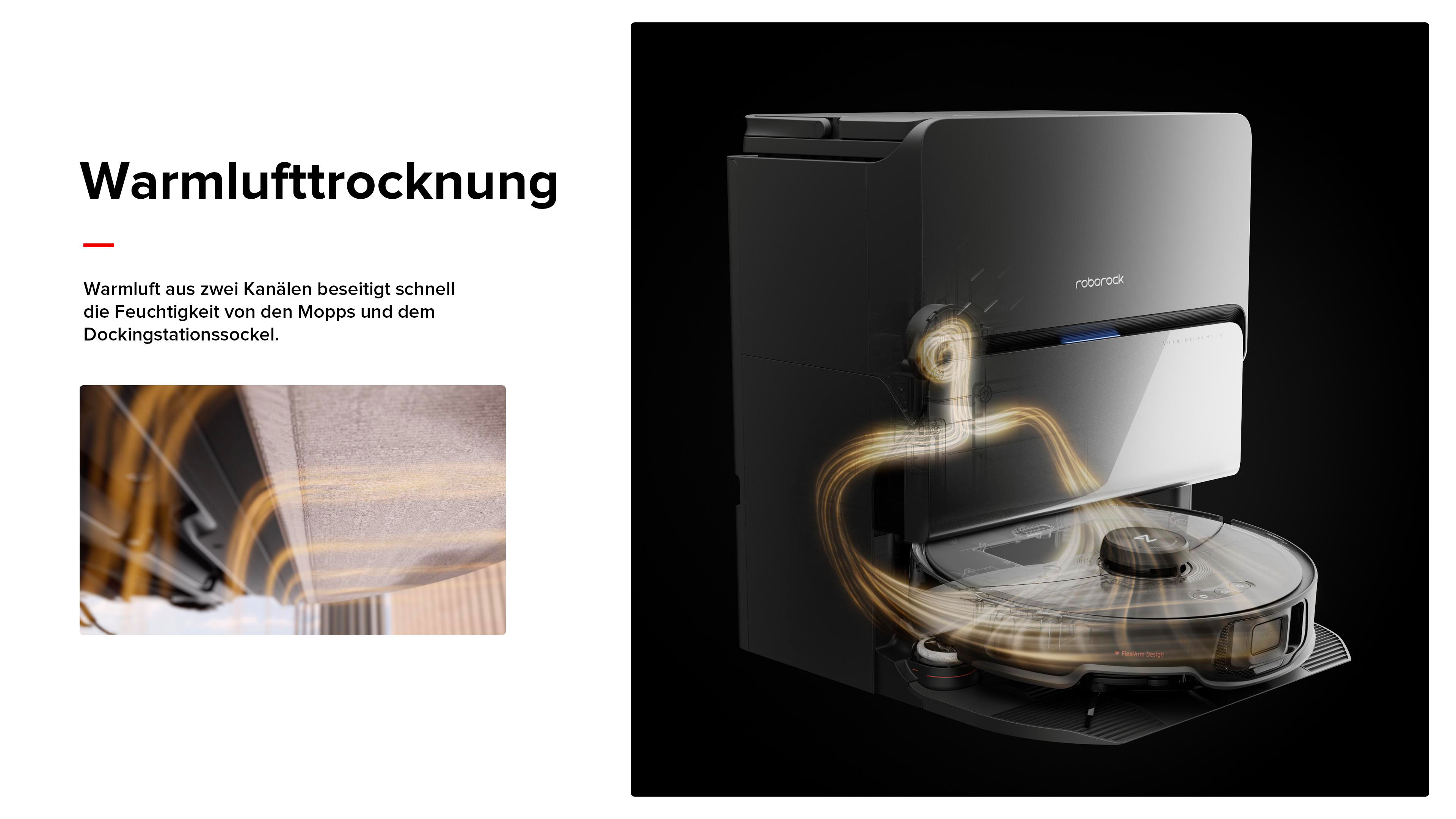 Roboter-Staubsauger mit Diagramm, das den Warmlufttrocknungsprozess zeigt.