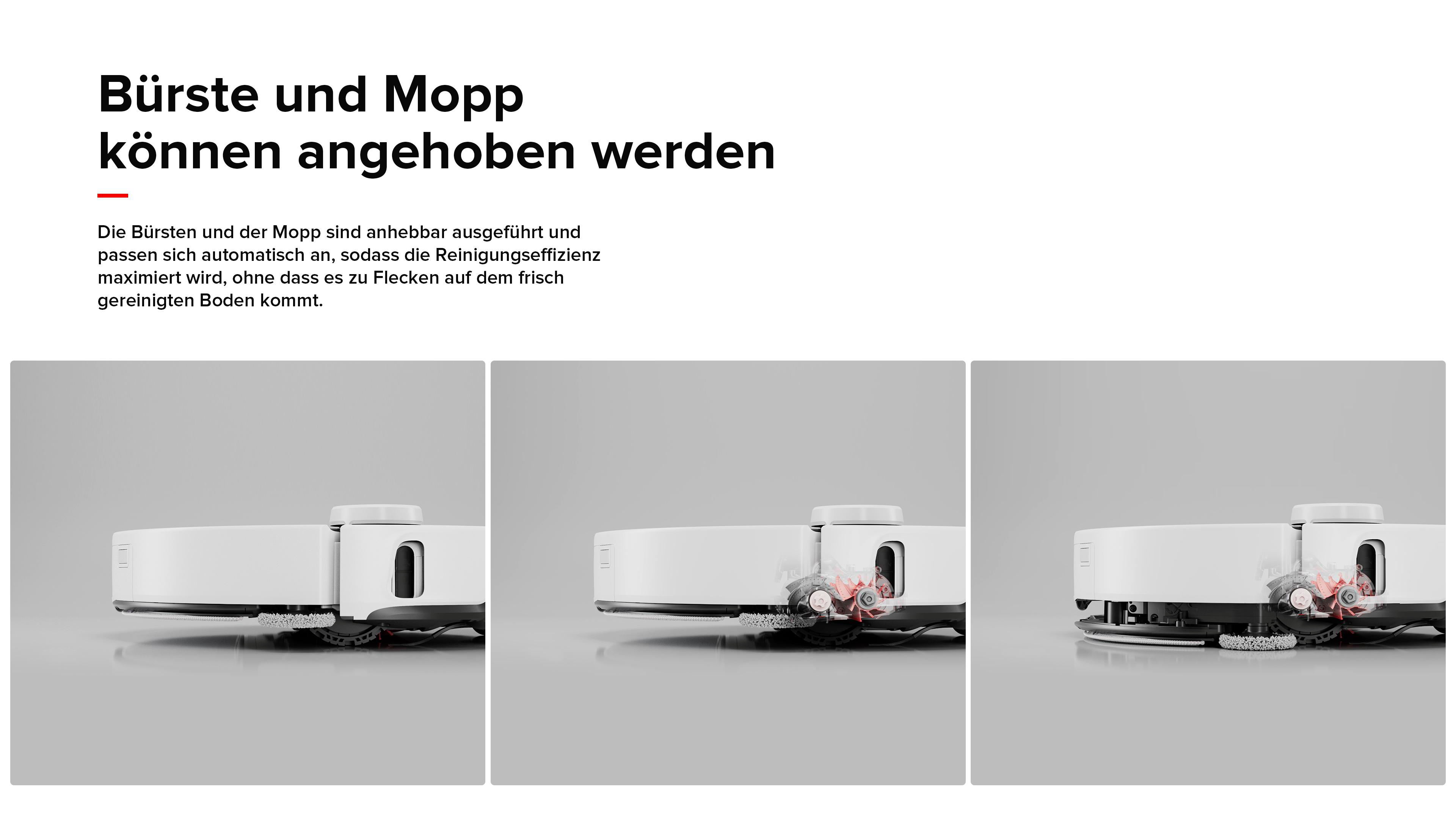 Weißer Saugroboter mit angehobener Bürste und Mopp, zeigt interne Mechanik.