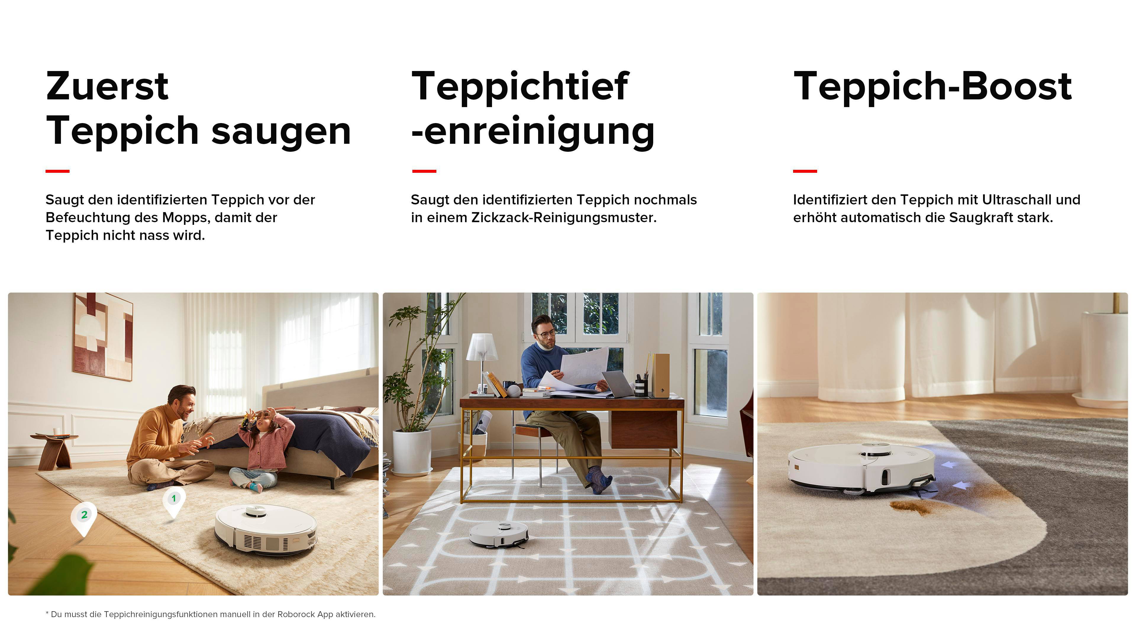 Ein Roboterstaubsauger saugt einen Teppich, während eine Familie spielt.