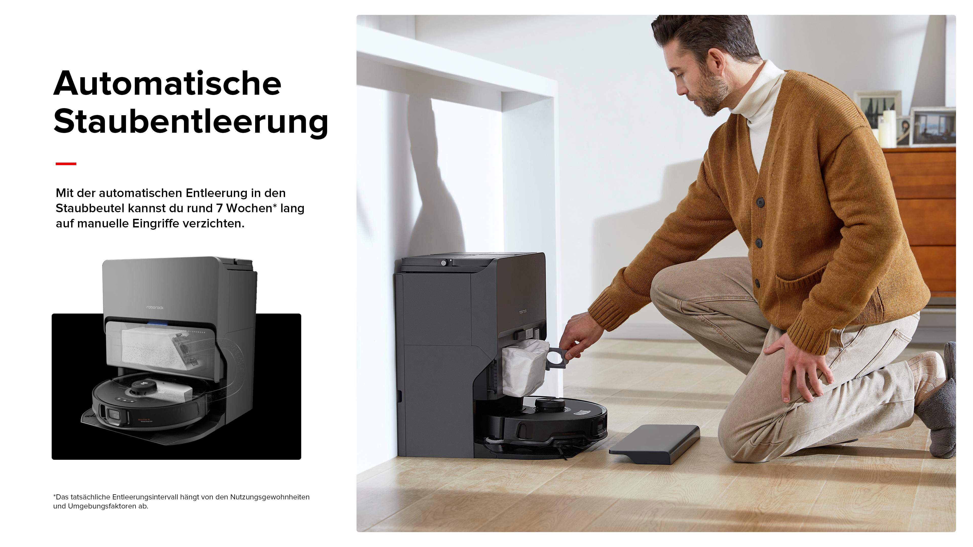 Mann, Reinigungsroboter, Reinigungsstation, Text: automatische Staubentleerung.