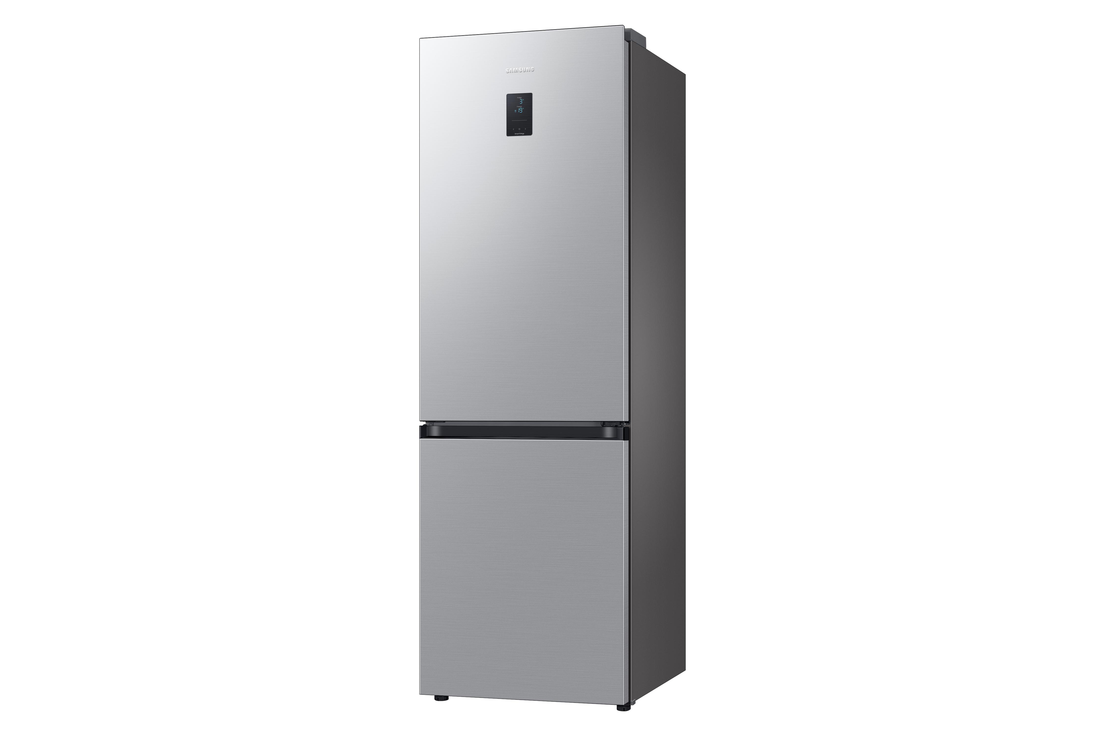 Ein silberner Samsung-Kühlschrank mit schwarzem Griff und Display.