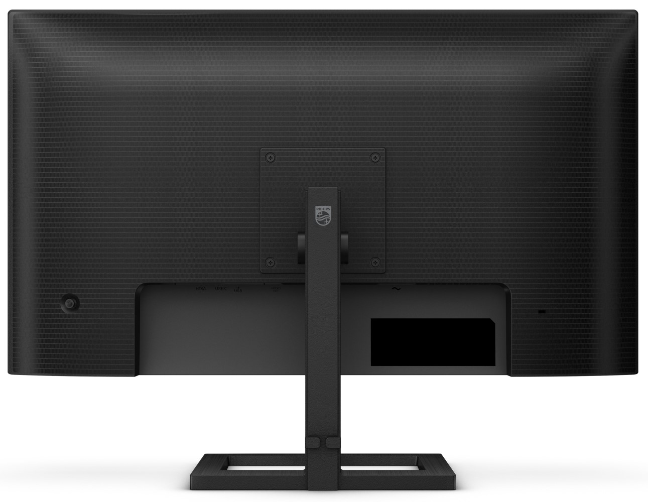 Rückansicht eines schwarzen Philips Monitors mit Ständer, Anschlüssen und Philips Logo.