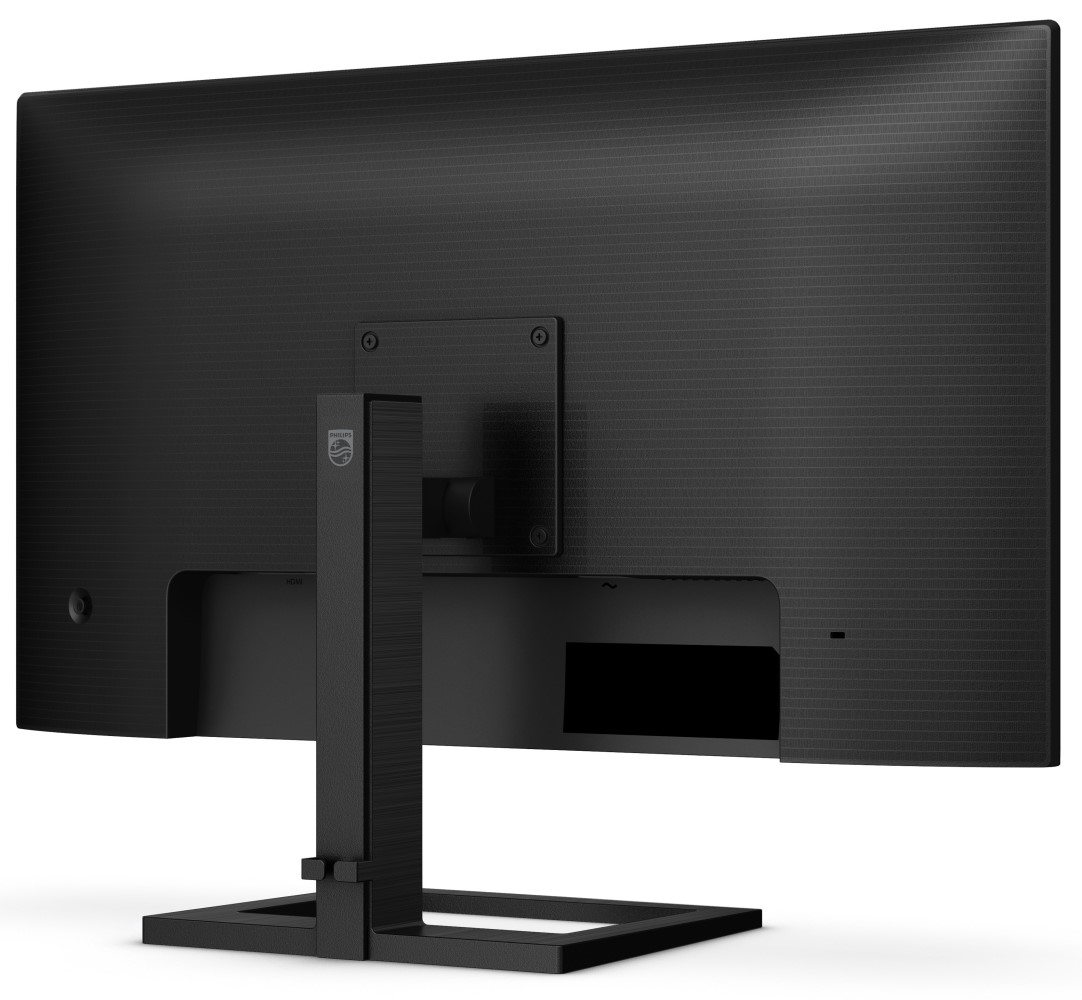 Rückseite eines schwarzen Computermonitors mit angebrachtem Ständer.