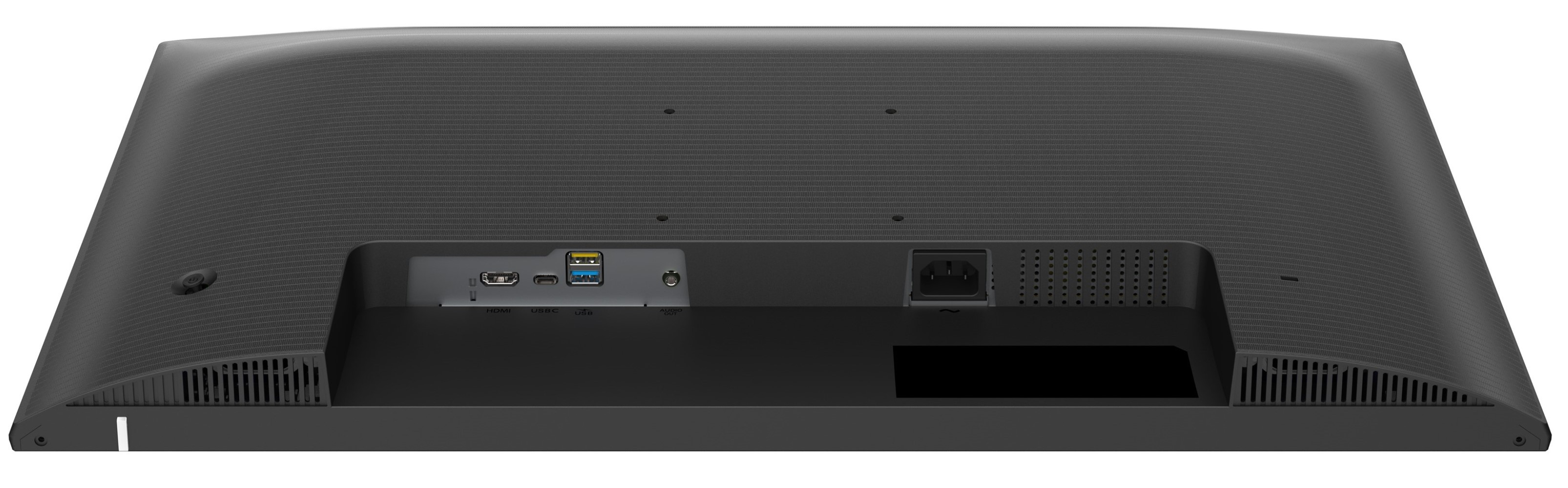 Rückseite eines schwarzen Monitors mit Anschlüssen, einschließlich USB-C, und Stromeingang. Der Monitor ist dunkelgrau.