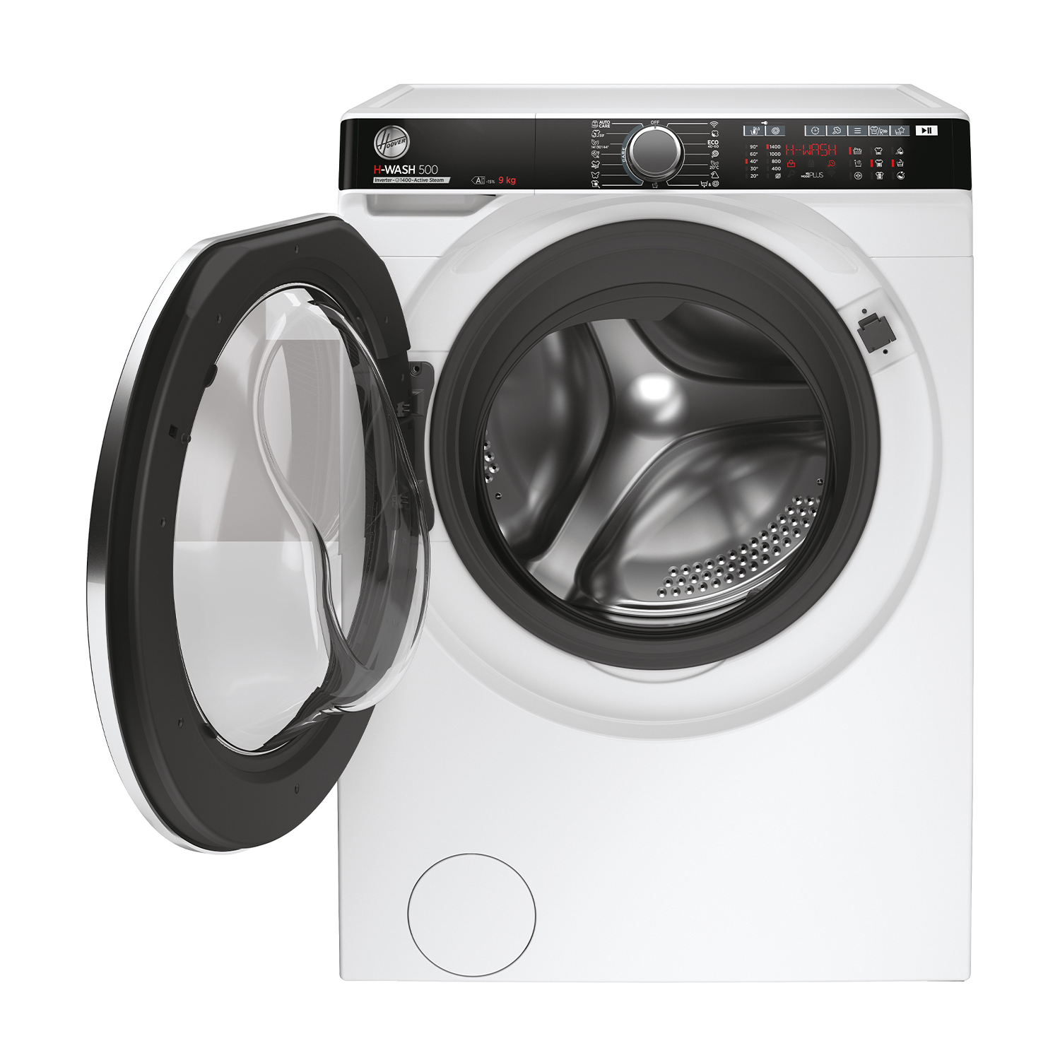 Lavatrice Hoover H-WASH 500 bianca con la porta aperta, che rivela il cestello interno.
