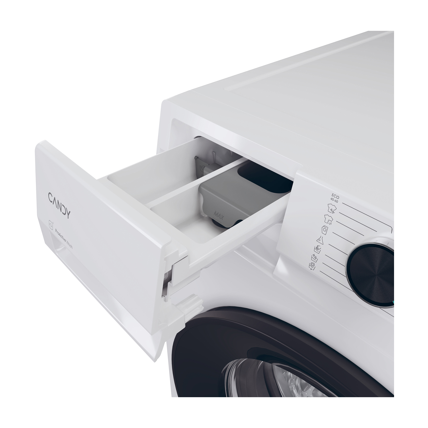 Una lavatrice bianca con il cassetto del detersivo aperto. I comandi e una porta nera sono visibili.