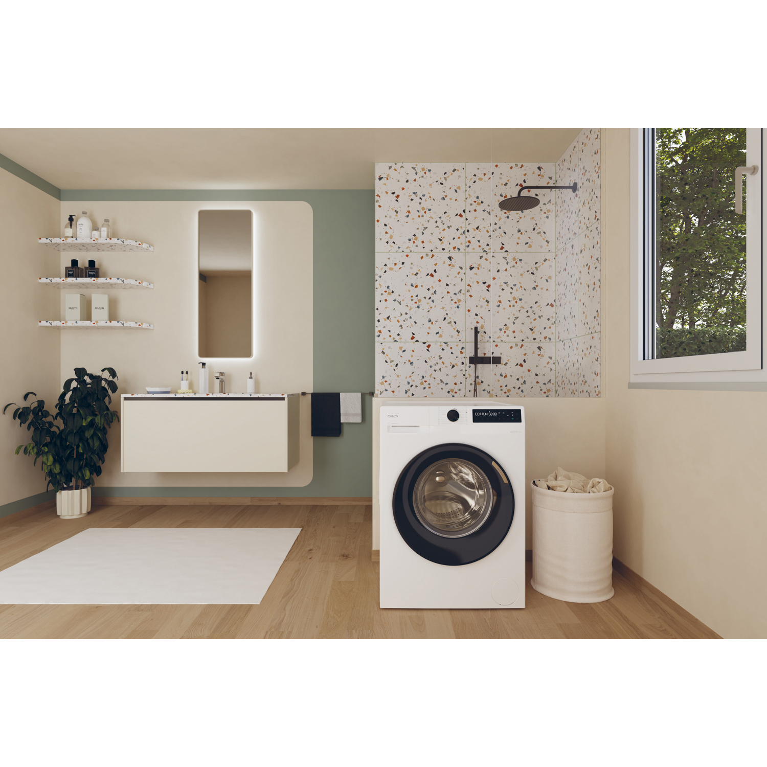 Bagno con lavatrice, doccia e tappeto bianco. Muri beige.
