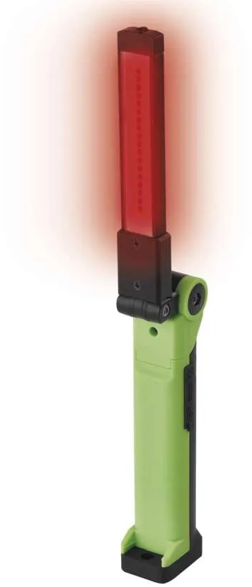 Zöld és fekete munkalámpa piros fénysávval, a lámpa világít.