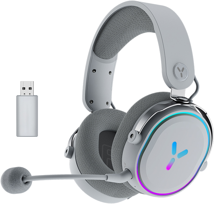 Ein graues kabelloses Gaming-Headset mit Mikrofon. Das Headset hat RGB-Lichter.