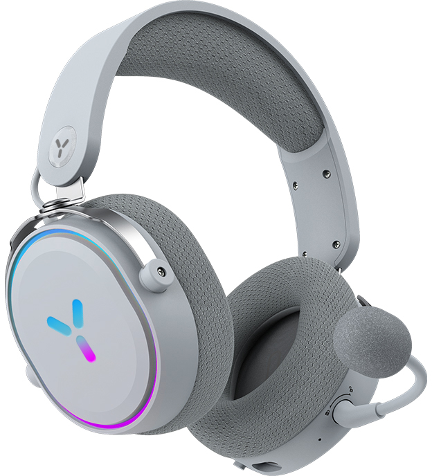 Ein graues Gaming-Headset mit Mikrofon und farbigem Licht.