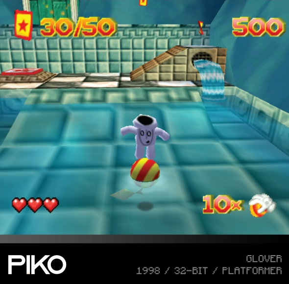 Eine verpixelte Videospielszenen mit einer Figur auf einem Ball.