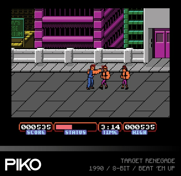 8-Bit-Videospielbildschirm. Zwei Charaktere kämpfen auf einer Straße, mit Punktestand, Zeit und Status.