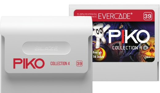 Zwei Spielmodule. Eines ist weiß mit 'PIKO COLLECTION 4'. Das andere hat Game-Art und Evercade-Branding.