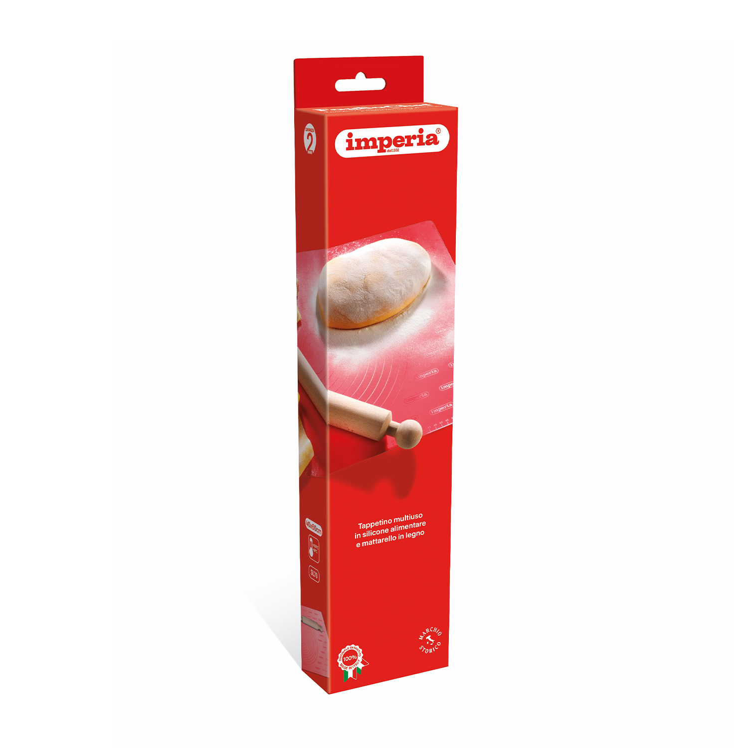 Scatola rossa con mattarello e tappetino per impasto.