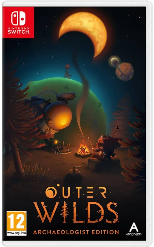 Outer Wilds gamebox met een ruimte scène, een planeet en personages rond een kampvuur.