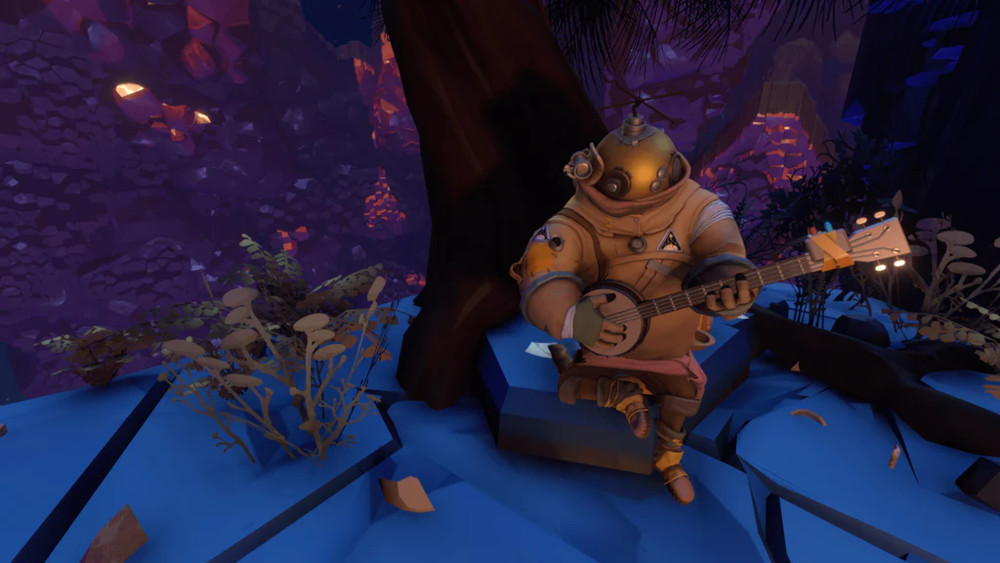 Een cartoon duiker speelt banjo, zittend op een rots in een kleurrijke, fantastische omgeving.