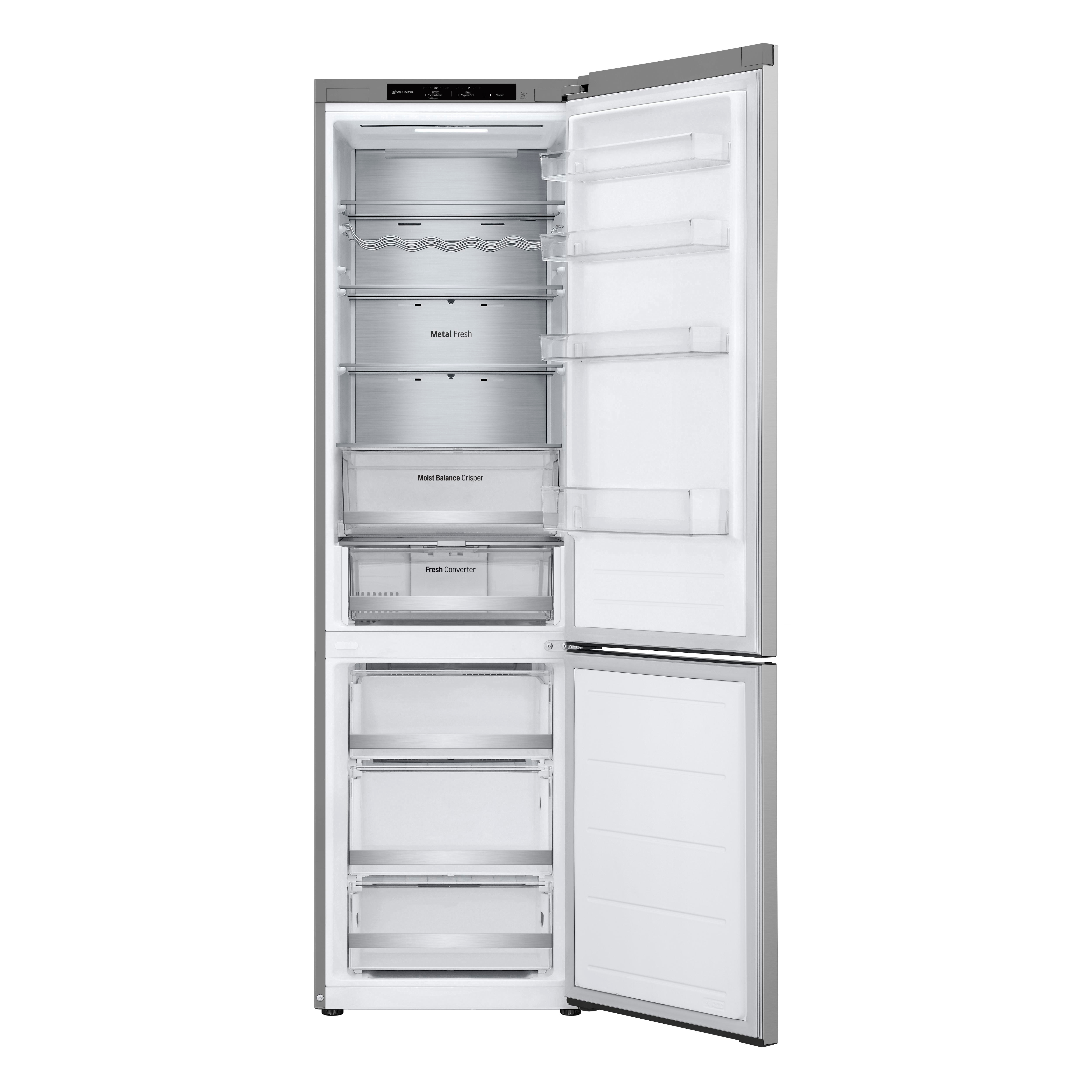 Ein geöffneter Kühlschrank mit Regalen und Schubladen, weißer Hintergrund.