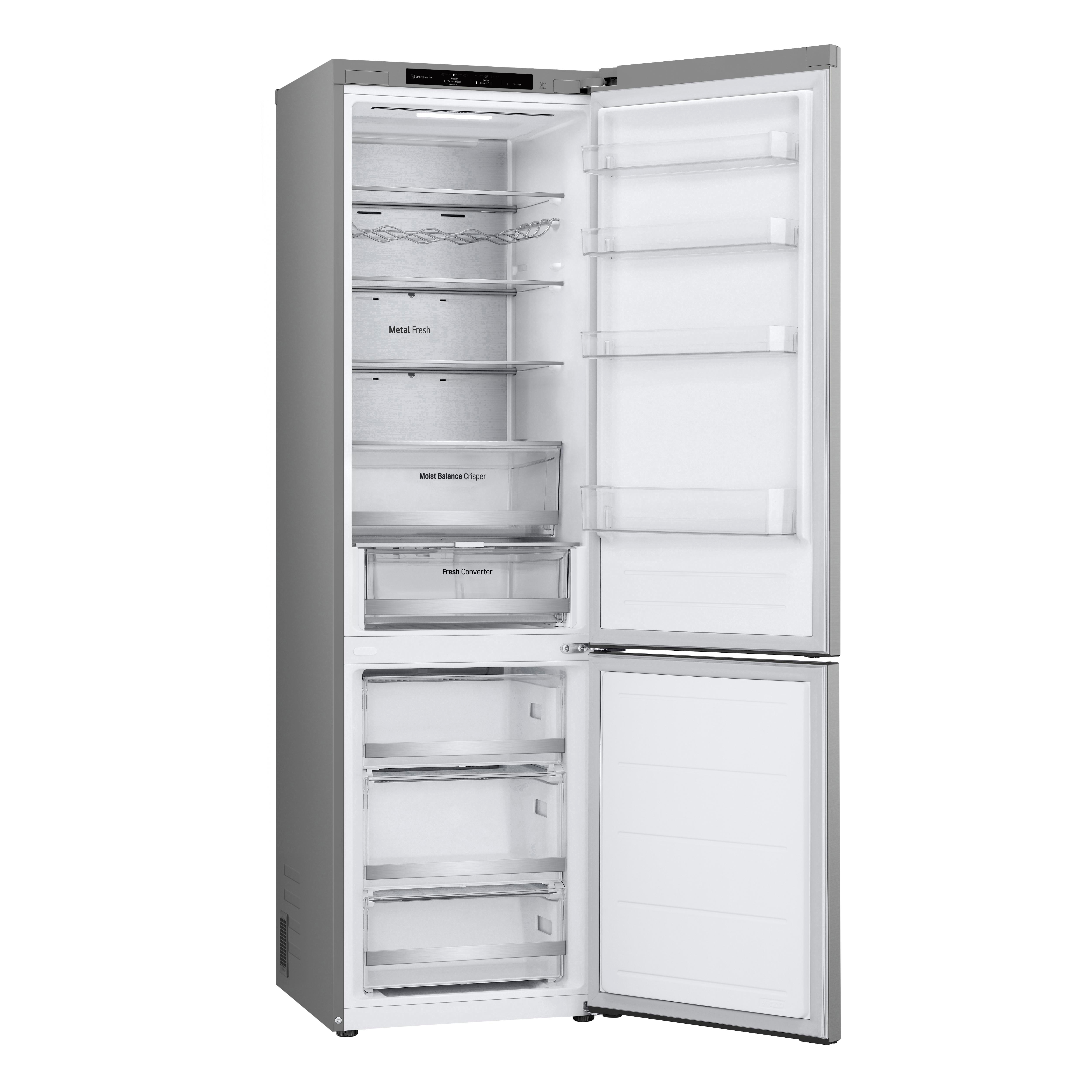 Ein offener LG-Kühlschrank mit sichtbarem Innenraum, Regalen, Schubladen und Fächern.