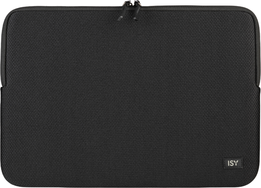 Schwarze Laptoptasche mit Reißverschluss, ISY-Logo unten rechts.