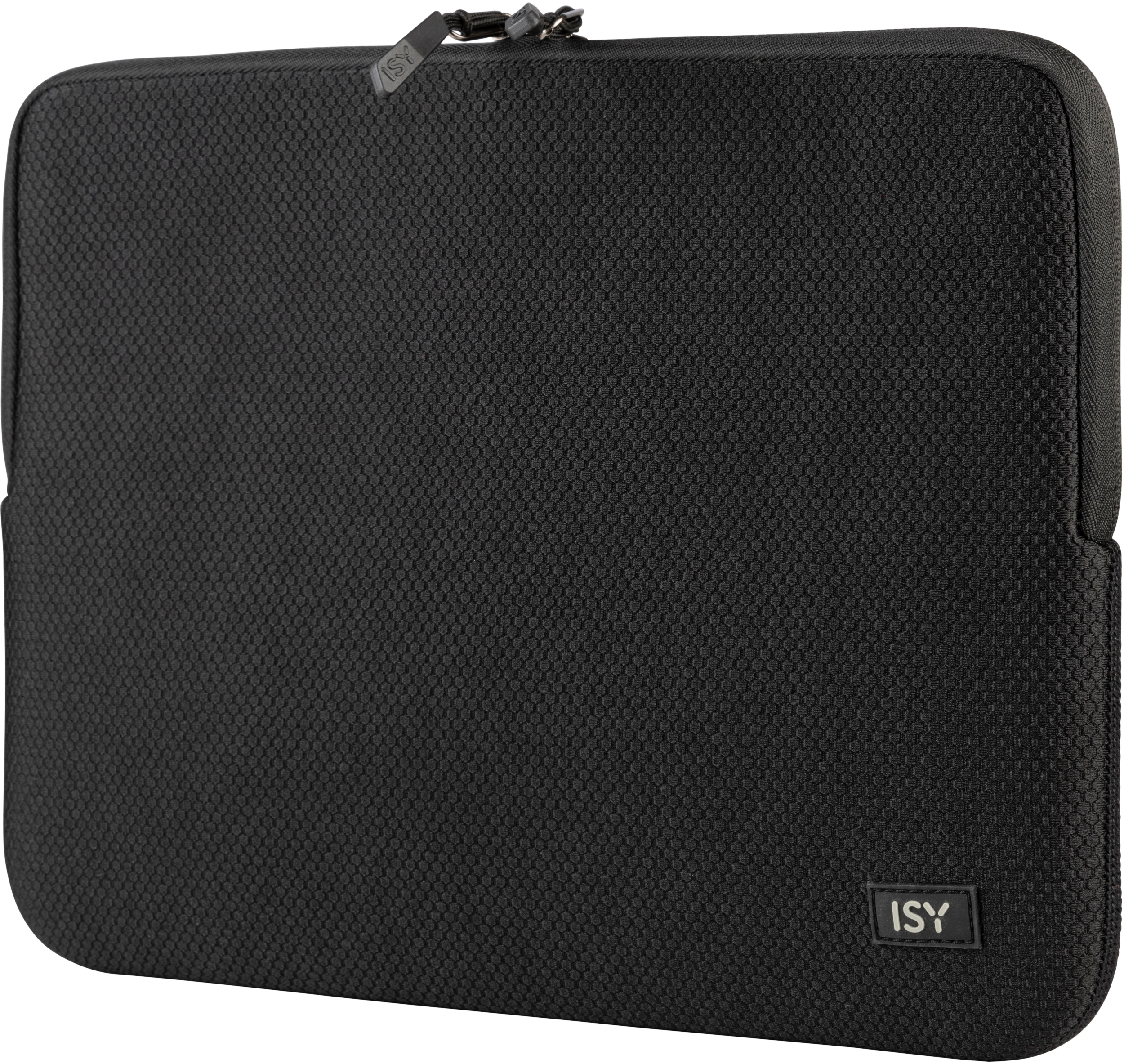 Eine schwarze Laptop-Tasche mit strukturierter Oberfläche und dem ISY-Logo.