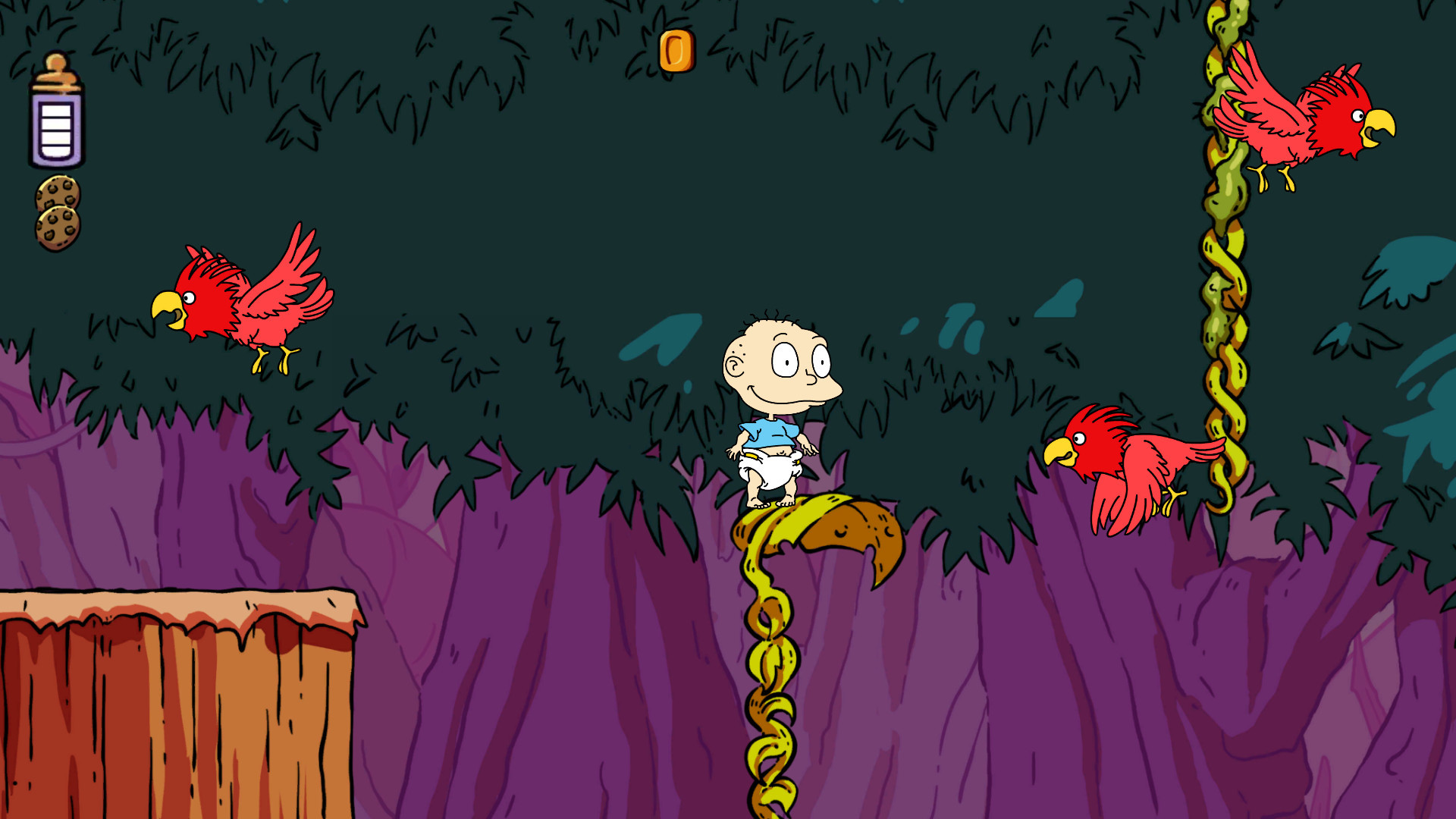 Rugrats-cartoontafereel: Tommy, met vogels en een jungle-omgeving. Donkerpaarse achtergrond.