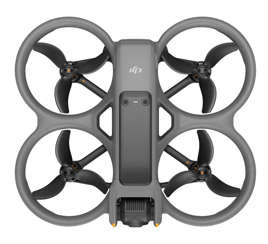 Widok z góry szarego drona DJI Avata 2 z czterema czarnymi śmigłami.