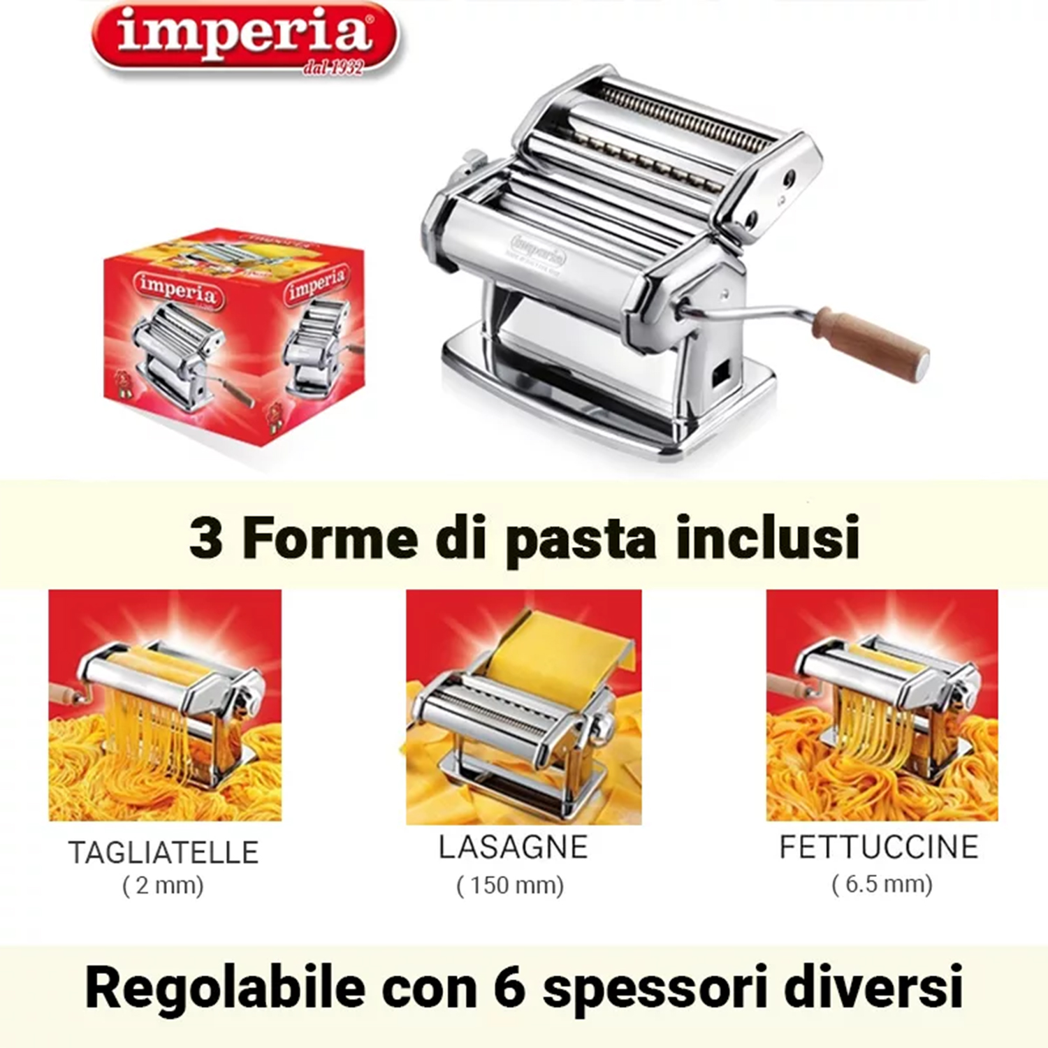 Macchina per la pasta con tre forme: Tagliatelle, Lasagne e Fettuccine. Regolabile con 6 spessori.