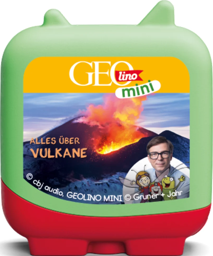 Buchcover für Kinder über Vulkane, mit einer Illustration und einem Mann.