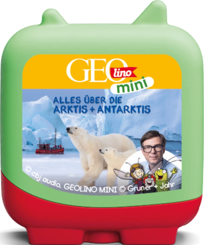 Ein grün-roter Behälter mit Eisbären und einem Mann. Text: "Alles über die Arktis + Antarktis".
