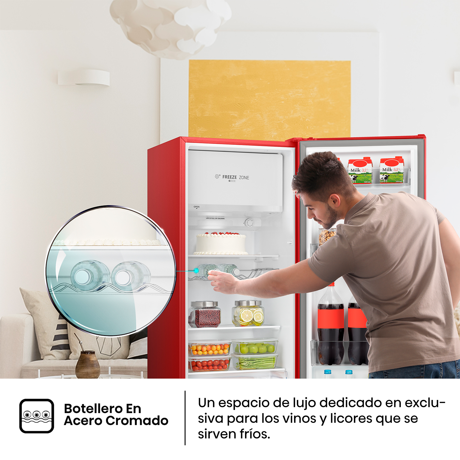 Refrigerador rojo con un hombre dentro. Pastel, botellas y verduras visibles.