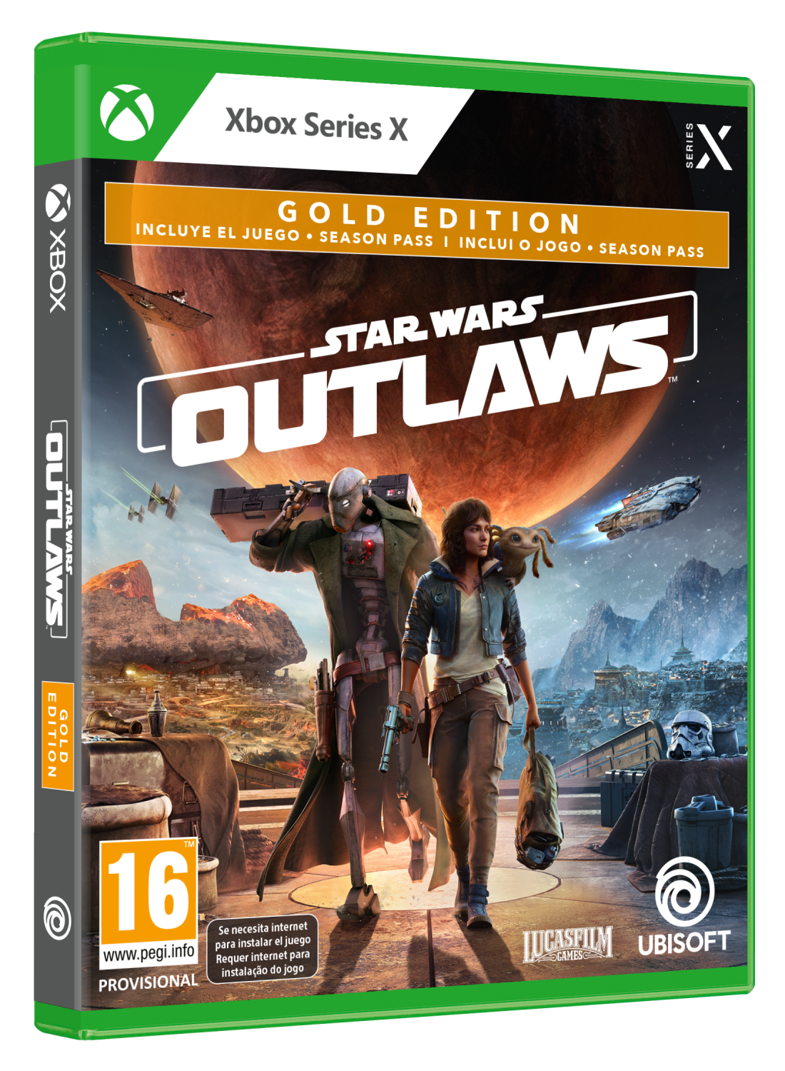 Caja del juego Xbox Series X de Star Wars Outlaws Gold Edition, con dos personajes.
