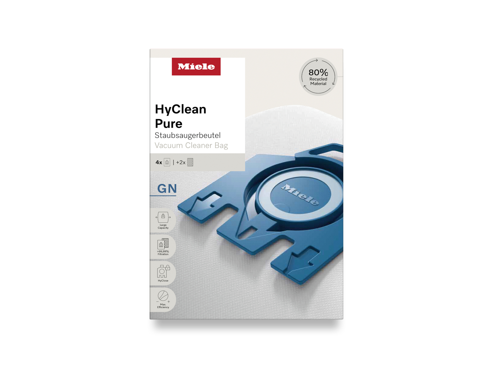 Un paquete de bolsas para aspiradoras Miele HyClean Pure, con un fondo blanco.