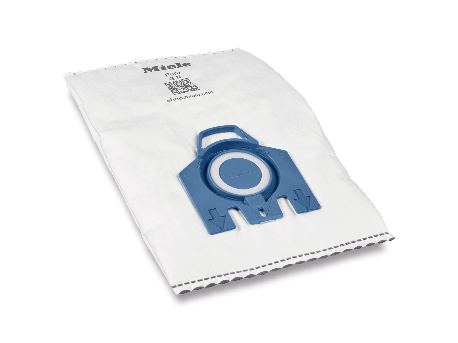 Una bolsa blanca para aspiradora con un accesorio de plástico azul. La marca "Miele" es visible.