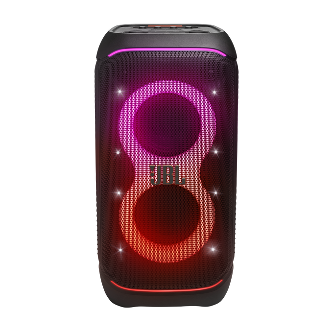 Un altavoz JBL negro con luces vibrantes y coloridas. Las luces son una mezcla de rojo, rosa y blanco.