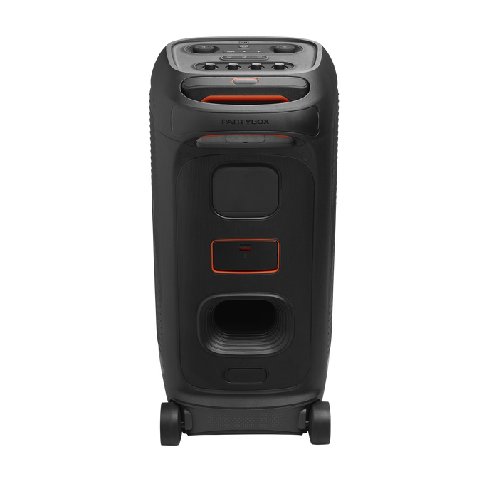 Altavoz JBL PartyBox negro con detalles naranjas, forma rectangular y ruedas para transporte.