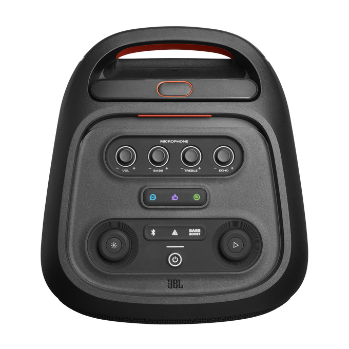 Un altavoz JBL negro con botones de control, con asa y altavoz sobre fondo negro.