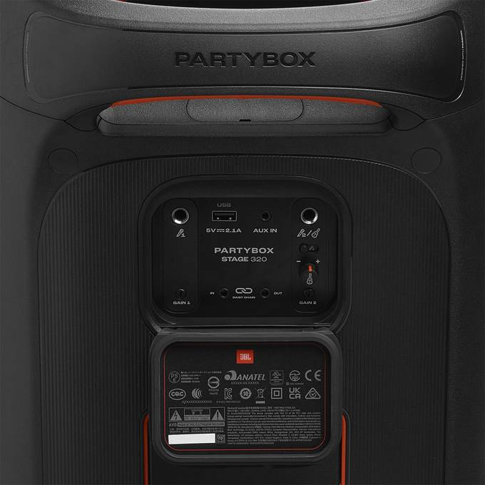 Parte trasera de un altavoz de fiesta negro con panel de control y logo JBL.