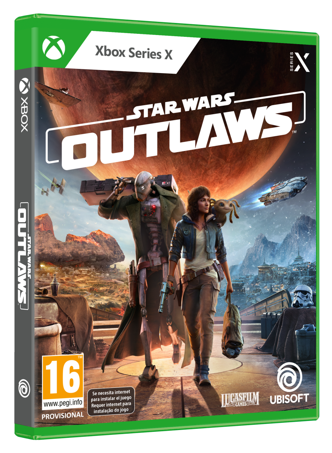 Portada del juego Xbox Series X para 'Star Wars Outlaws'. Presenta personajes y un paisaje.