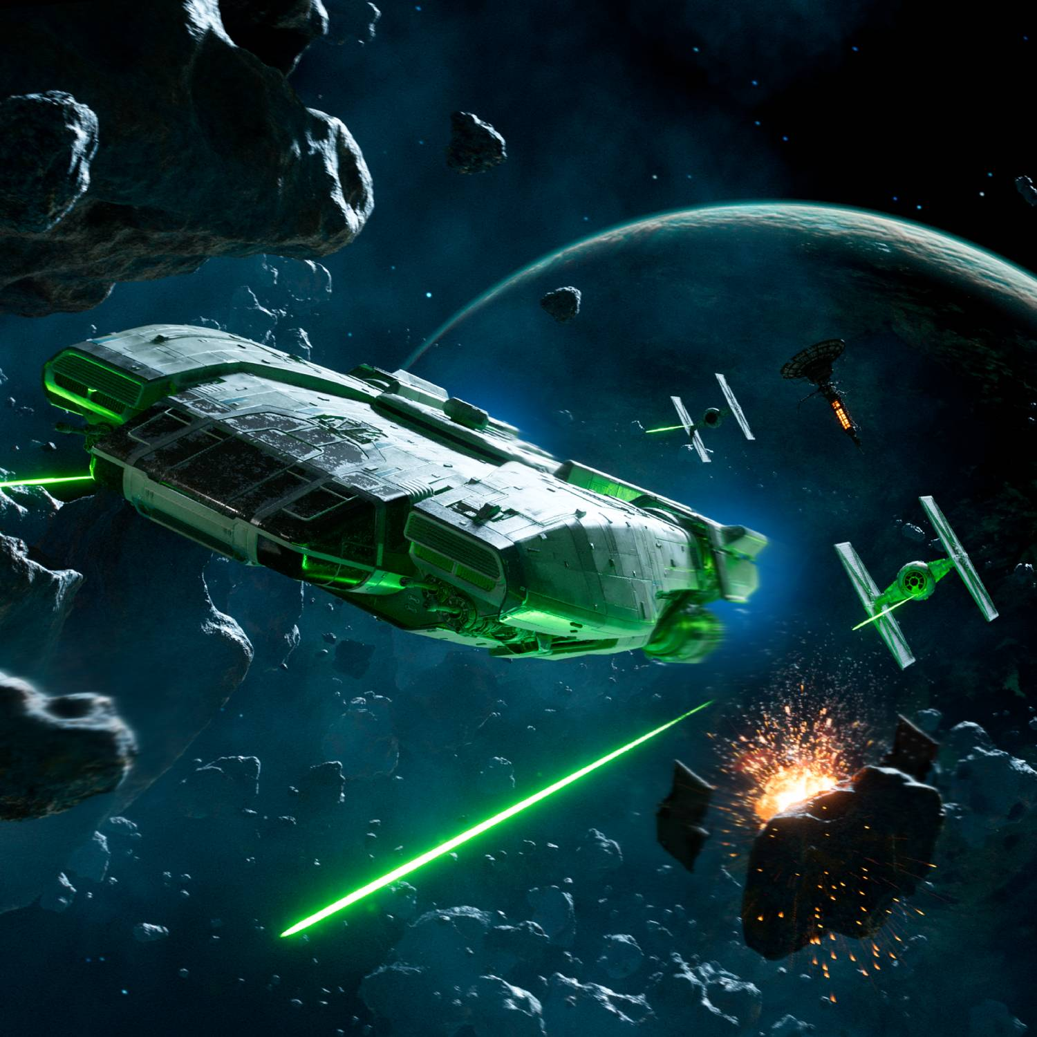 Escena espacial con nave, asteroides y naves enemigas disparando láseres.
